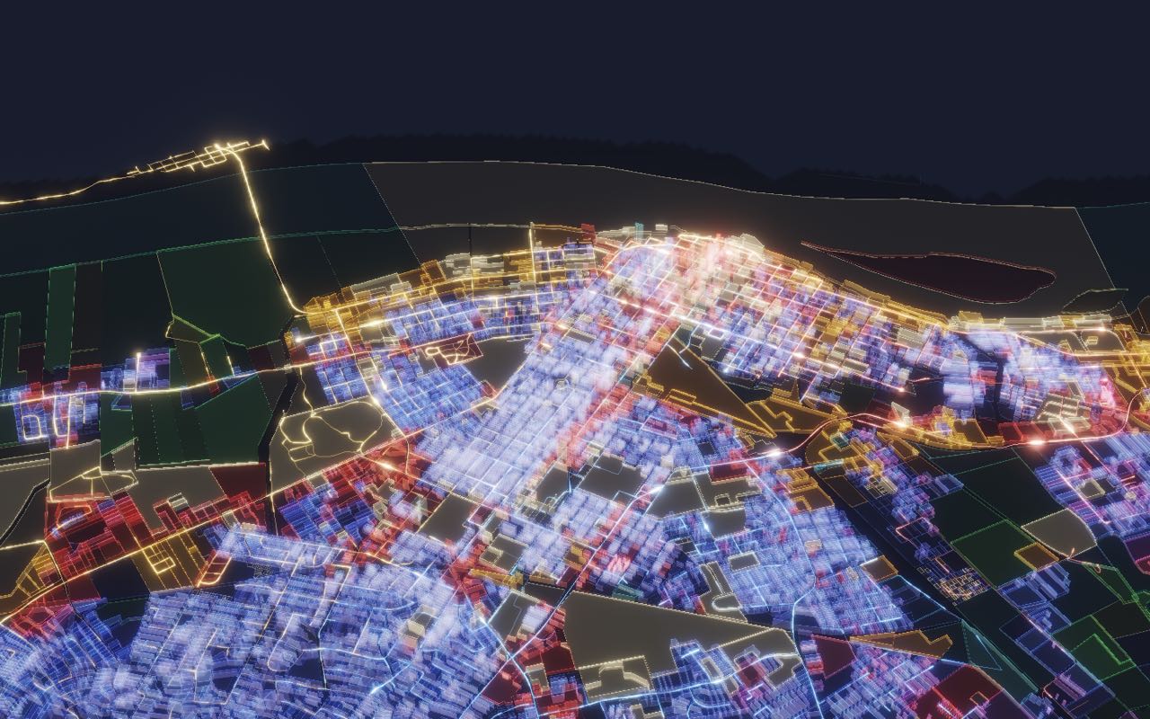 McCracken County's parcels as glowing glass blocks over its lit roads