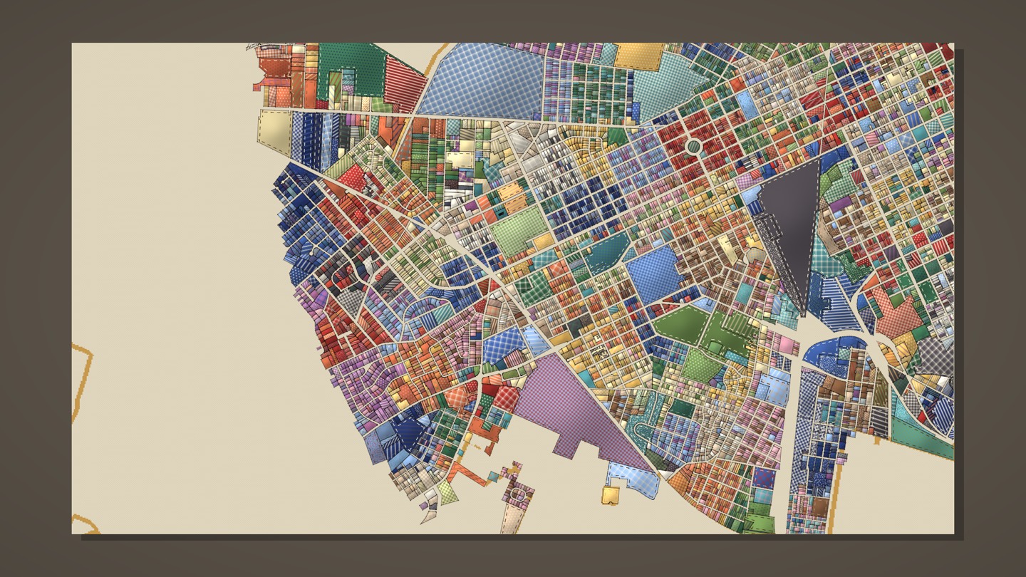 Downtown and the blocks around it pieced in hundreds of prints, the gold city line beginning to show
