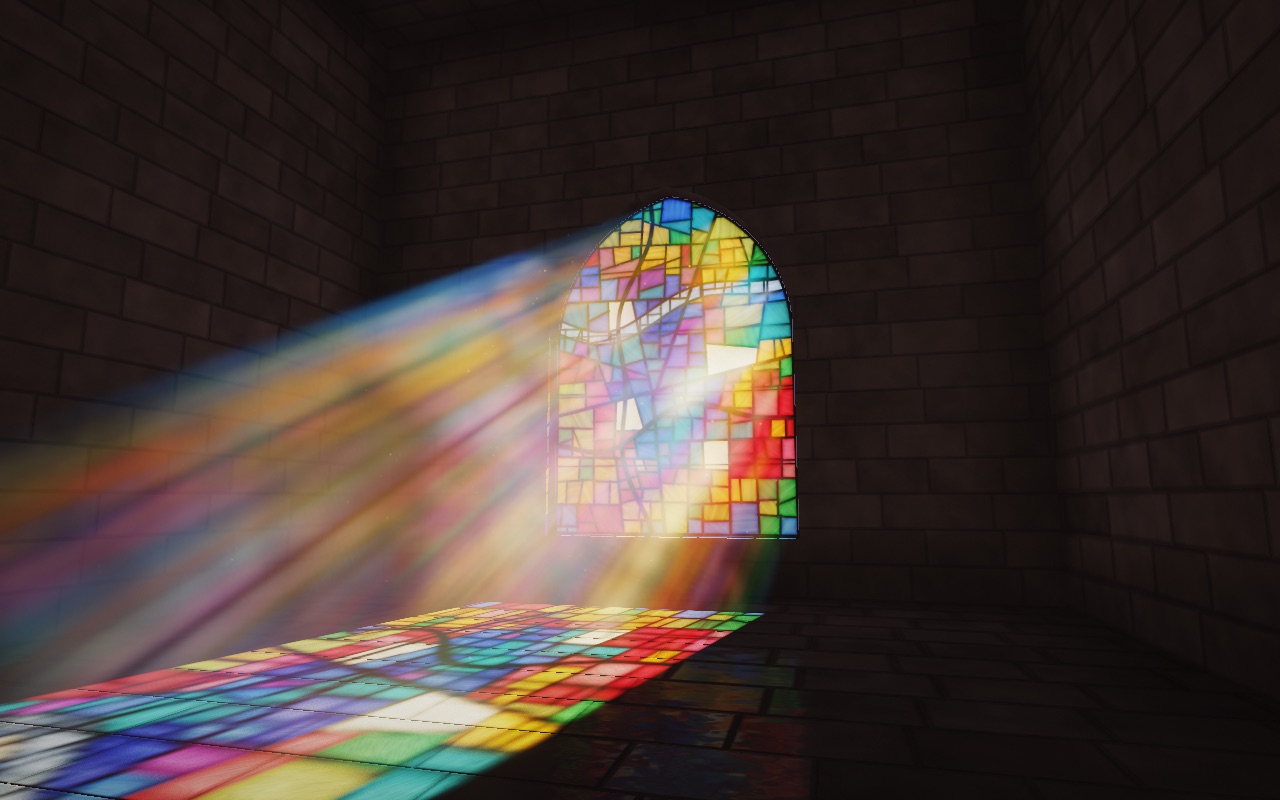 Light through a stained-glass window filling a stone room