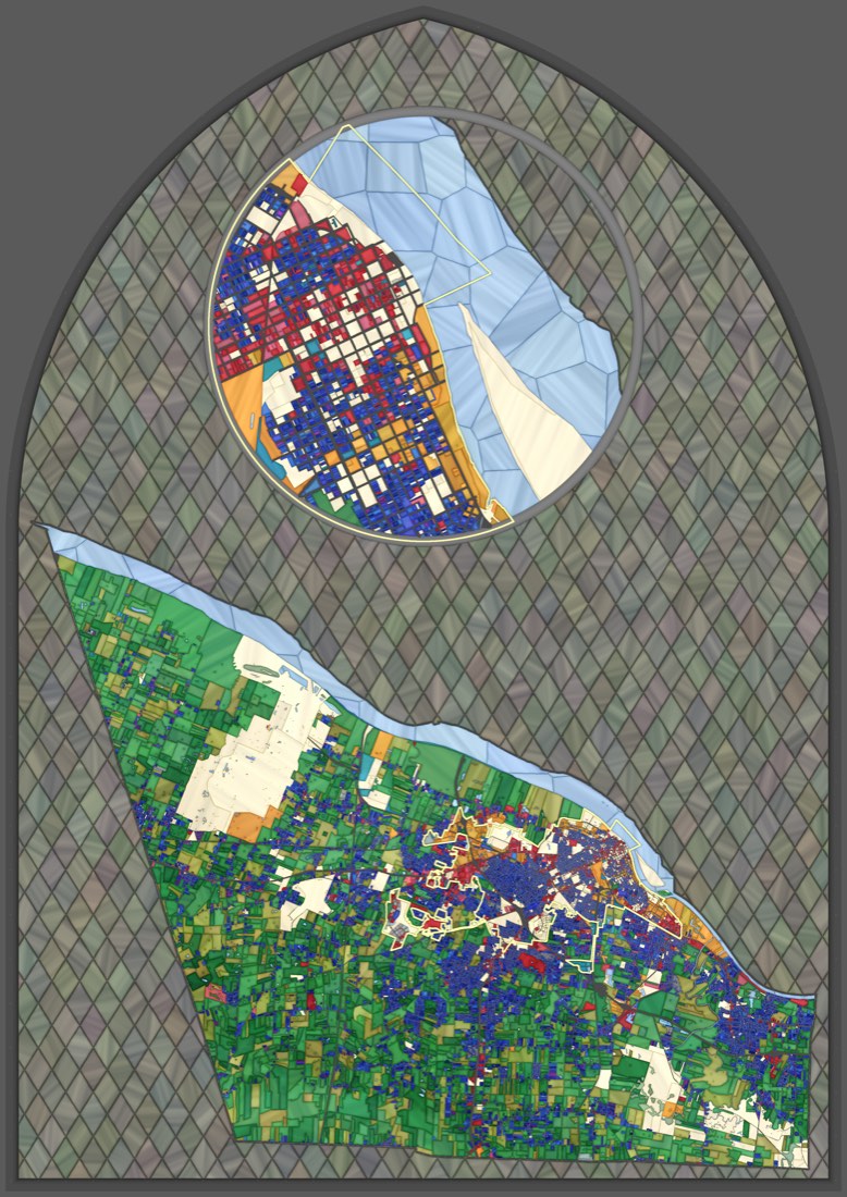 A tall arched window: the county in coloured panes below, downtown Paducah in a round window above