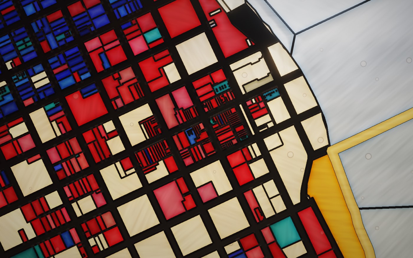 A close-up of small coloured panes along a gold line and a band of pale river glass