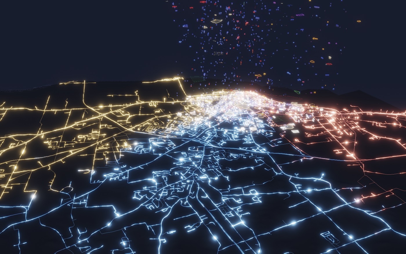 Lit roads seen from low over the county, with glass blocks falling from the sky