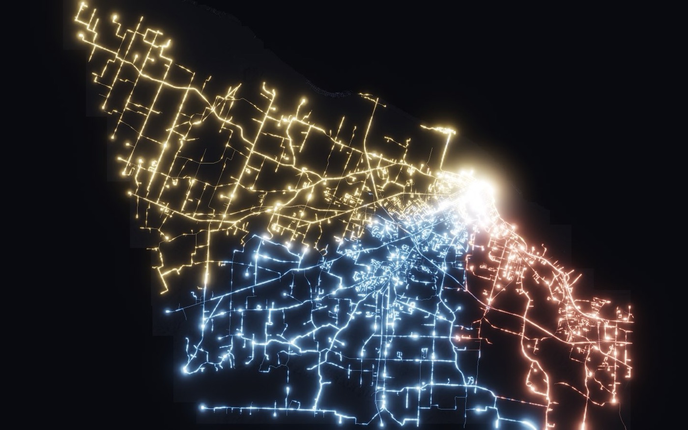 The whole county lit in gold, blue and coral along every road