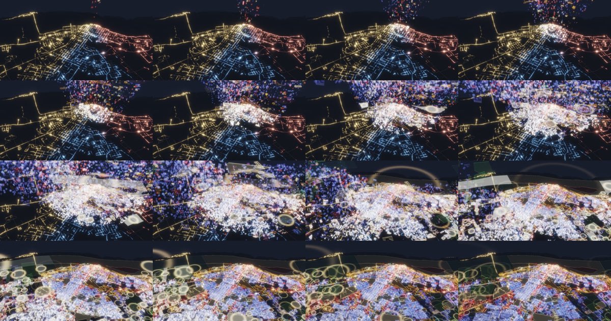 Sixteen small frames: lit roads, then a storm of glass, then rings in the hold