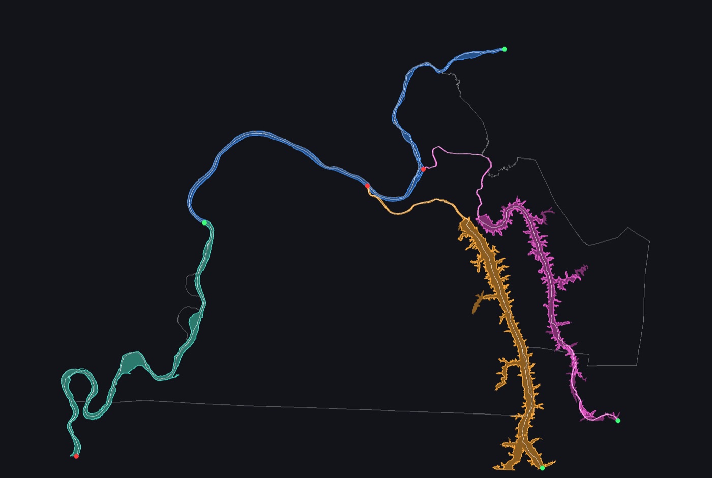 The Purchase's four rivers as colored shapes on black