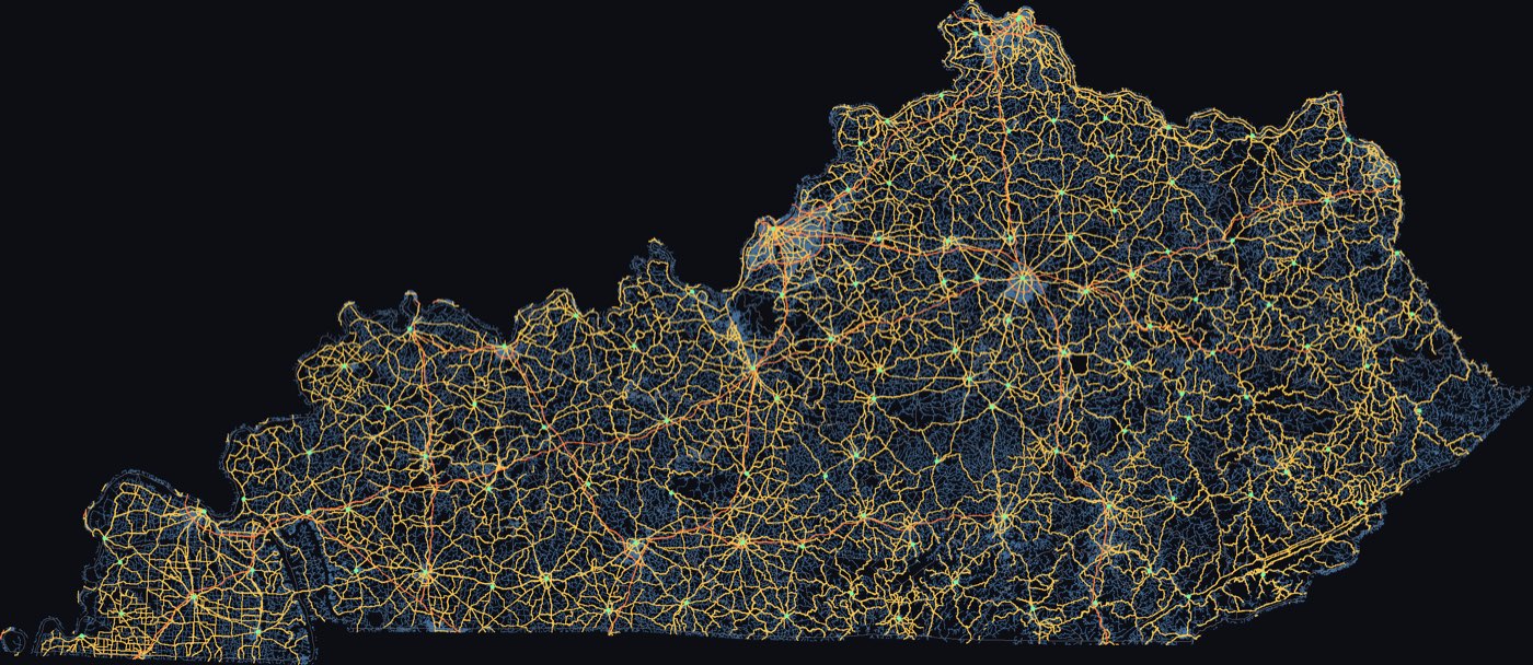 Every road in Kentucky glowing on black, with the county seats in green