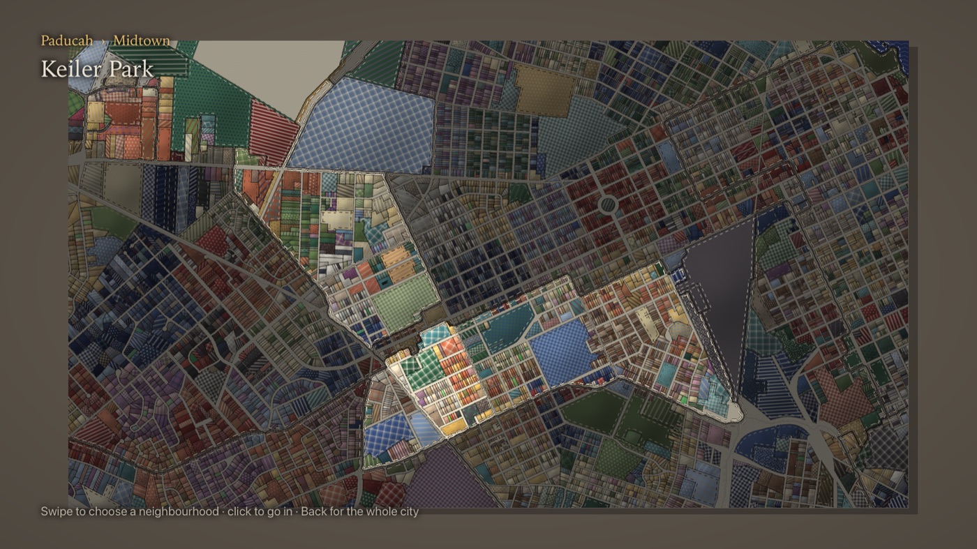 Paducah as a quilt of patterned cloth patches, one neighborhood, Keiler Park, lit brighter than the rest, with Paducah, Midtown and Keiler Park written in the corner